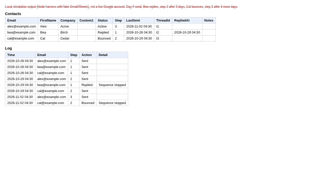 Simulated Contacts and Log tabs